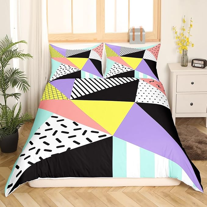 Memphis Duvet Cover Set King Size, Geometric Triangle Pattern Comforter Cover with 2 Pillowcases, Retro 80s 90s Fashion Style Bedding Set for Kids Boys Girls Lightweight Bedspread Cover,No Comforter