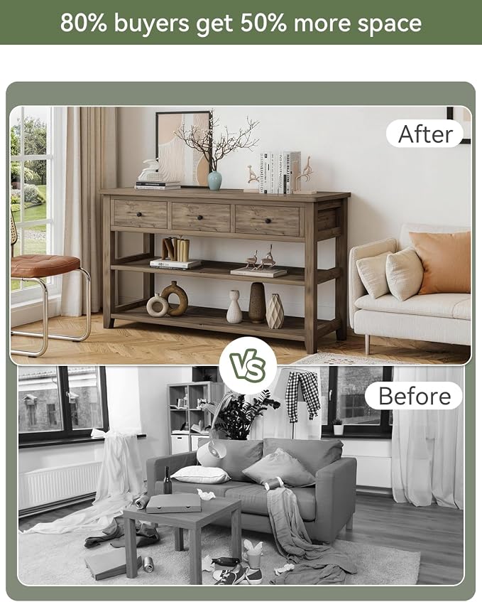 Karl home Console Table with 3 Drawers, 47" Farmhouse Wash Grey Entryway Sofa Table with Silent Slide Rails & Anti-Fall Guardrails for Hallway, Living Room, Foyer, Office