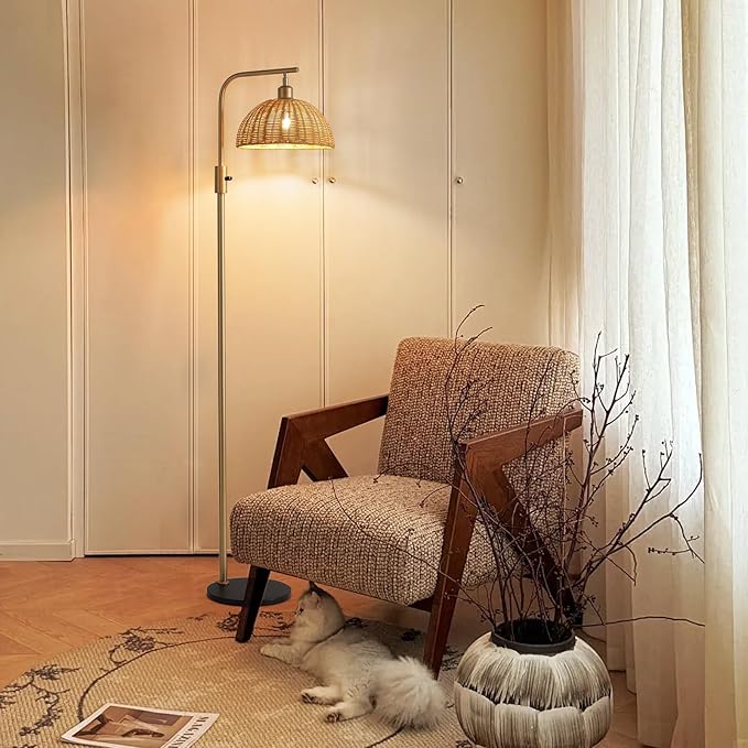 Boho Floor Lamp for Living Room: Rattan Floor Lamp for Bedroom - Gold Standing Lamp with Dimmable Tall Lamp,No Bulb