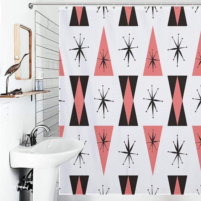 Retro 50s Shower Curtain Atomic Mid Century Black White Coral Pink Colors Pattern Duty Fabric Shower Curtains Set Bathroom Polyester Waterproof with 12 Hooks,72x72Inch（183x183cm）