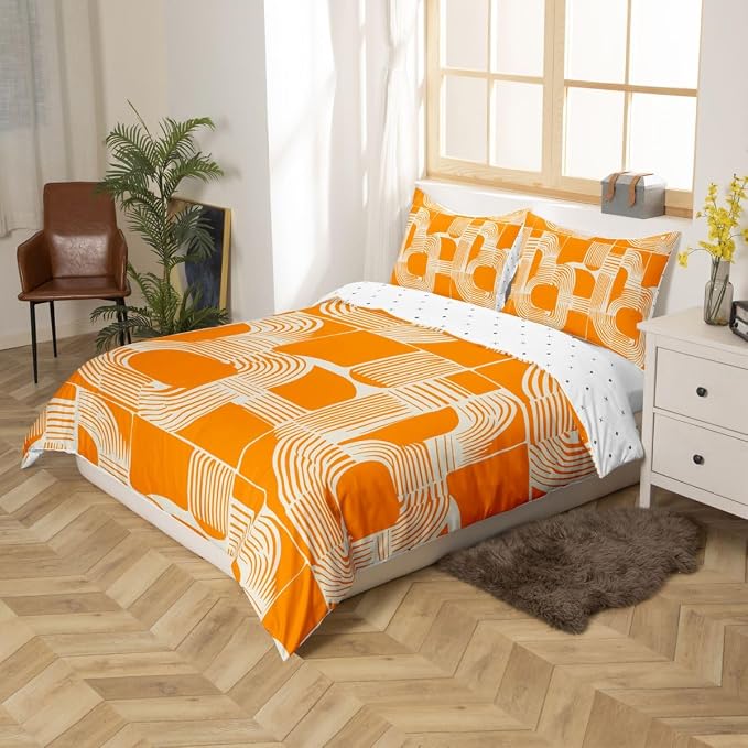 Erosebridal Mid Century Comforter Cover Toddler Size Bohemian Ethnic Kids Duvet Cover Boho Geometric Bedding Set for Boys Teens Adult Bedroom Decor Modern Simple Orange Stripes Bed Sets