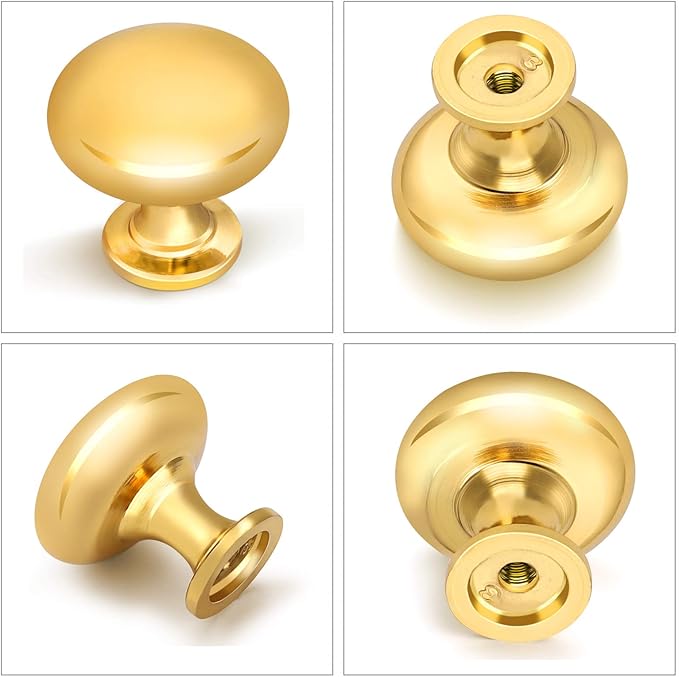 25 Pack Solid Drawer Knob Polished Brass Kitchen Cabinet Knob,Polished Gold Dresser Knob Round Cabinet Drawer Cupboard Hardware Euro Style,Diameter:1-1/5 "