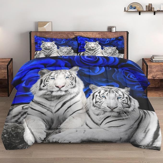 WeCozy Full Size Comforter Set with 2 Pillowcases, White Tiger Animal Cat 3 Pcs Bedding for Kids and Adults, Blue Rose Flower Background Soft Comforter Set for Bedroom Bed Decor