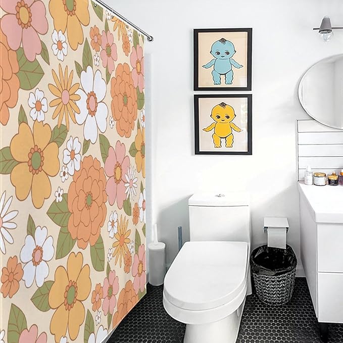 70s Shower Curtain for Bathroom,Rustic Hippie 70s Daisy Floral Flower Cute Funky Trippy Groovy Vintage Boho Waterproof Fabric Shower Curtain Set with Hooks, 72"x84"