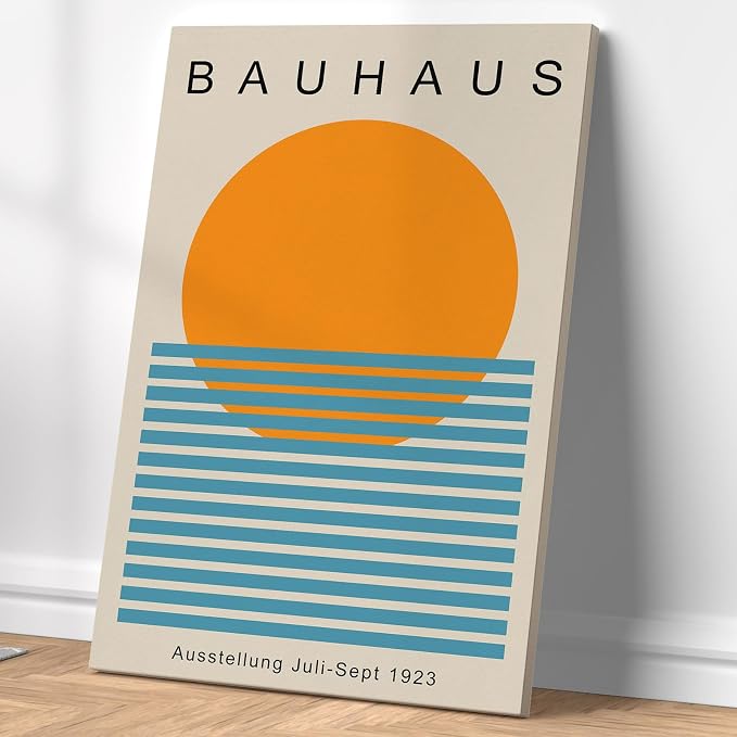 Bauhaus Canvas Wall Art Sunrise Sunset Pictures Boho Sun Artwork Mid Century Modern Painting Geometric Gallery Wall Art Bauhaus Exhibition Poster Abstract Minimalist Prints 16x24inch Wood Framed