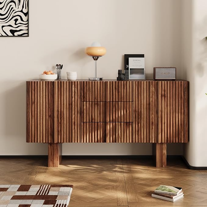 Rophefx 63" Buffet Cabinets with Storage, Wood Side Cabinet with 3 Drawers & 2 Doors, Mid-Century Modern Buffet Table with Anti-Tip Device & Foot Pads for Kitchen, Living Room, Dining Room（Walnut ）