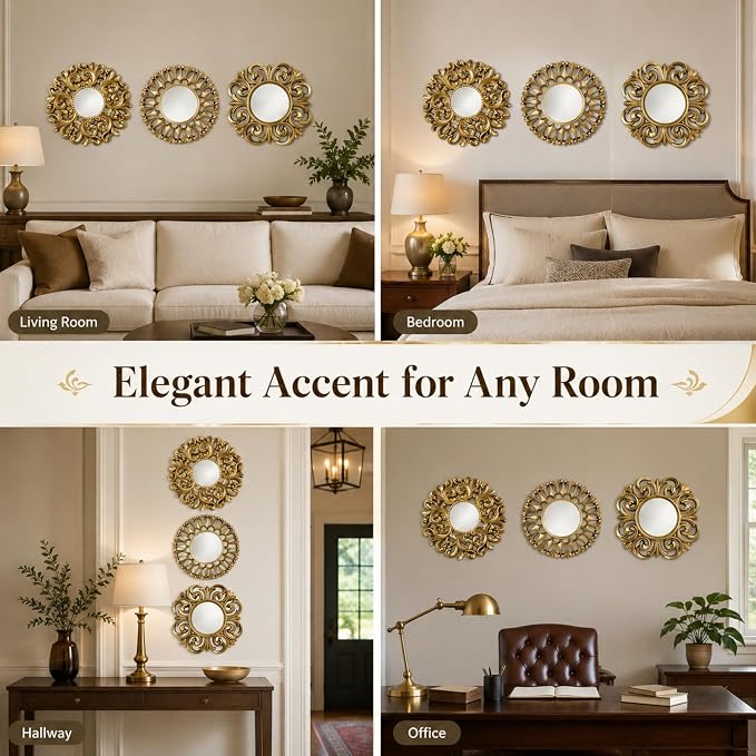 Mifoci Vintage French Wall Mirror Set of 3 Antique Decorative Gallery Wall Mirror Gold Hanging Antique Art Decor Ornate Baroque Style for Living Room Bedroom Home Decor(Round)