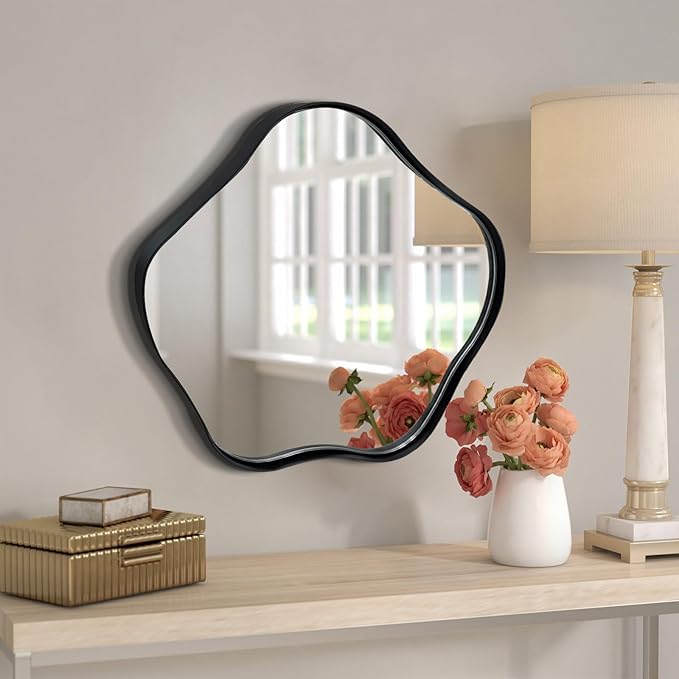 Irregular Round Mirror, 16" Scalloped Mirror for Over Sink, Asymmetrical Wall Mirrors Decorative, Modern Wavy Circle Mirrors for Living Room Bathroom Bedroom Hallway Entryway Fireplace