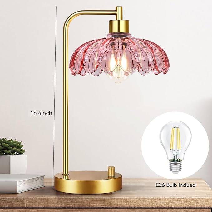 Pink Table Lamp Set of 2,Small Gold Bedside Lamps Dimmable Boho Bedroom Lamp with Tulip Flower Glass Lamp Shade,Vintage Mid Century Modern Mini Nightstand Lamp for Bedroom Living Room