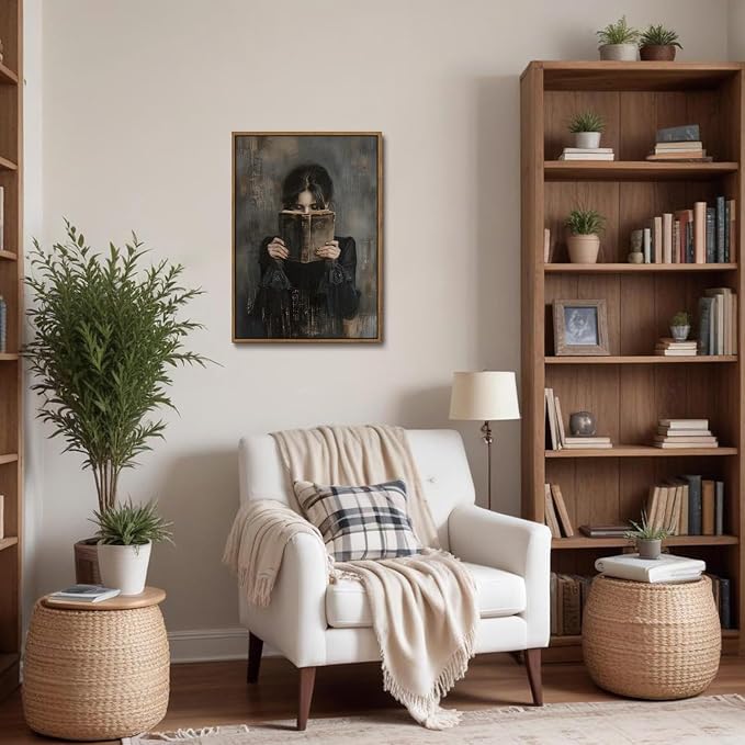 WALLZK Vintage Framed Wall Art Lady Reading Canvas Prints Dark Academia Moody Victorian Decor Pictures Artwork for Walls Living Room Study Bedroom Bathroom 16"x24"