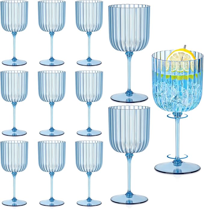 12 PCS Plastic Ribbed Wine Glasses 11oz Blue Detachable Wine Goblet Unbreakable Vintage Ripple Water Goblets Cocktail Drinking Cups for Parties Weddings Poolside Outdoors