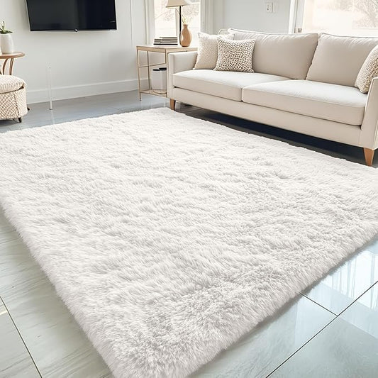 OLANLY 5x9 Machine Washable Large Area Rugs for Living Room, Bedroom, Soft Fluffy Shaggy Bedside Rug, Indoor Floor Carpet for Kids Girls and Boys, Dorms, Nursery, Home Decor Aesthetic, Ivory