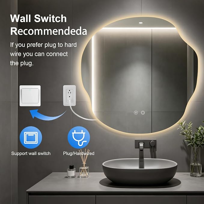 Asymmetrical Bathroom Mirror with Lights,Irregular LED Bathroom Vanity Mirror with Backlit,Anti-Fog,3 Colors and Dimmable Light with Memory,Hardwired Supported[Horizontal/Vertical] 36" H x 36" W