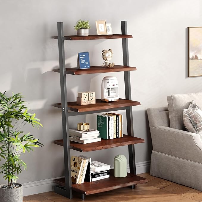 IBF 5-Tier Solid Wood Ladder Bookshelf with Natural Live Edge, Rustic Walnut Storage & Display Leaning Bookcase, Modern Space-Saving Shelf for Living Room, Bedroom, Home Office