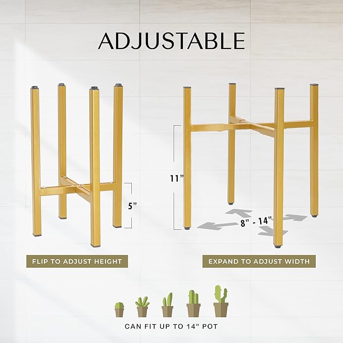 Adjustable Metal Plant Stand, Indoor Outdoor, Width 8" to 14", Fits Small to Large Pots, Modern Golden Iron Plant Holder