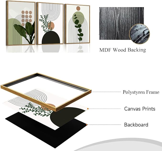 Bwodke Boho Wall Art, Framed Abstract Wall Art, Plant Canvas Wall Decor, Mid Century Line Leaf Geometric Pictures Set of 3, Minimalist Paintings, for Bedroom Living Room Bathroom 12"x16"