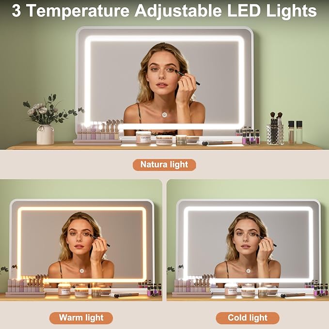 Dresser with Mirror for Bedroom, Pre-Installed Slides, 6 Drawer Dressers & Chests of Drawers with 24"x37"LED Mirror, 3 Colors, 47" Wide Storage Dresser for Apartment or Hallway, Natural Oak