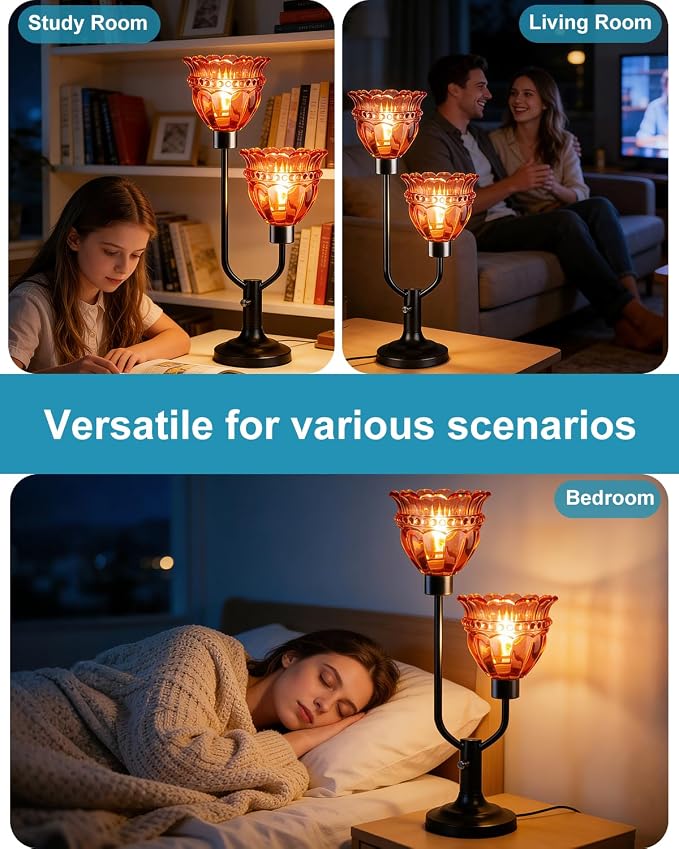 Lightdot Vintage Table Lamp Dimmable Mid Century Modern Black Desk Lamp Red Glass Nightstand Lamp 2 Bulbs Included Warmwhite Ambient Bedside Lamps for Living Room Bedroom Girls Room Home Office Decor
