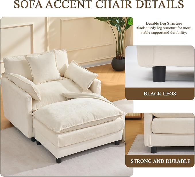 Oversized Accent Chair with Ottoman, Chenille Cloud Single Sofa Upholstered Double-Layer Seat Lounge Armchair with Pillows for Living Room Reading Apartment, Beige