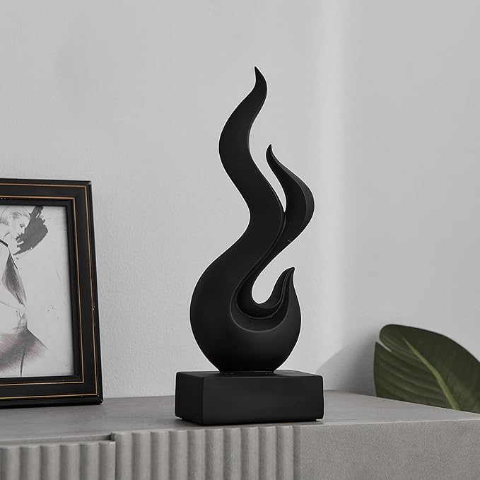 Modern Abstract Art Table Decoration, Gold Decor Flame Statue for Living Room Home, Black Shelf Decor Accents, Abstract Art Resin Sculpture for Dining Room, Office & Coffee Table Centerpiece (Black)