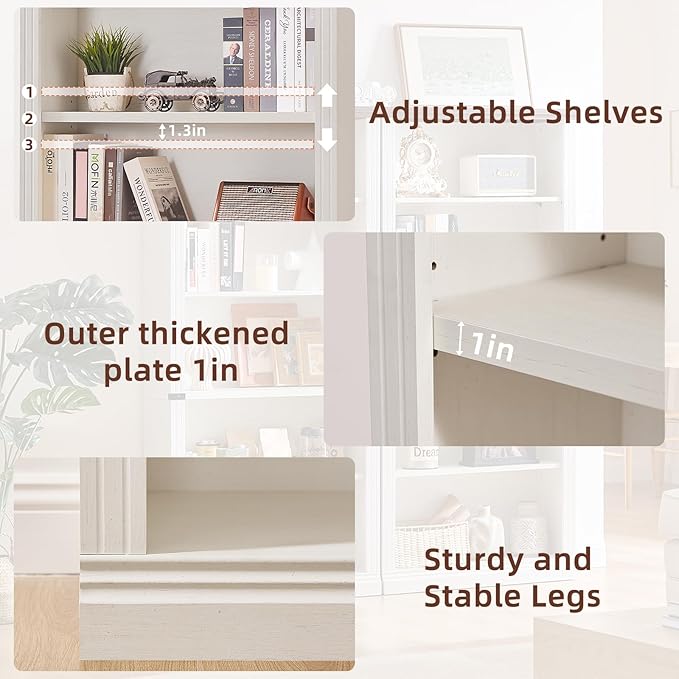 70" White Tall Bookshelf Set of 4,5-Tier Thick Wooden Book Shelf with Adjustable Shelves,Free Standing Farmhouse Bookcase with Open Display Storage,Floor Vintage Bookshelves for Living Room