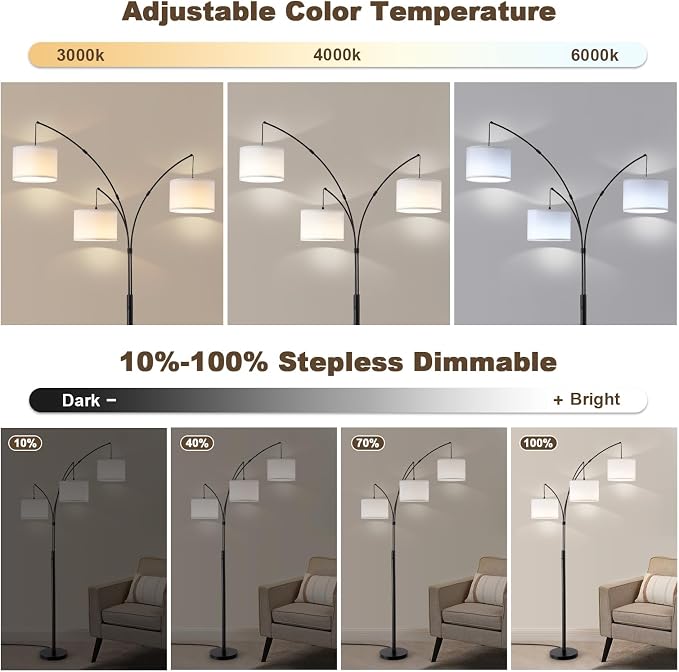 Netin 3 Light Arc Floor Lamps for Living Room, Large Floor Lamp with Remote Control, Modern 80" Tall Standing Lamp, 3 Color Temperature, Mid Century Tree Floor Lamp for Bedroom, Office