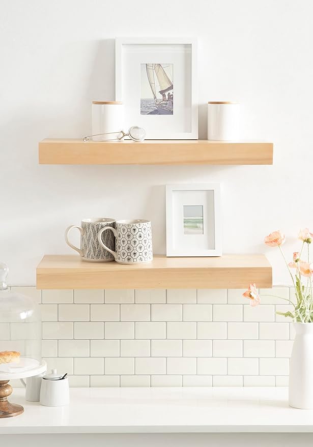 Kate and Laurel Havlock Modern Natural Floating Shelves; Set of 2; 24 x 8; Natural Wood; Mid-Century Bathroom and Kitchen Shelves for Storage and Display