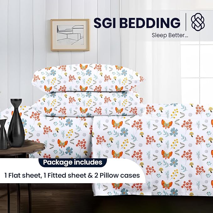 SGI bedding 100% Egyptian Cotton Sheets Twin Size – 600 Thread Count Sheets Set, Soft, Cooling, 15" Deep Pocket, Luxury Hotel Bedding, Breathable, Durable - Butterfly Garden