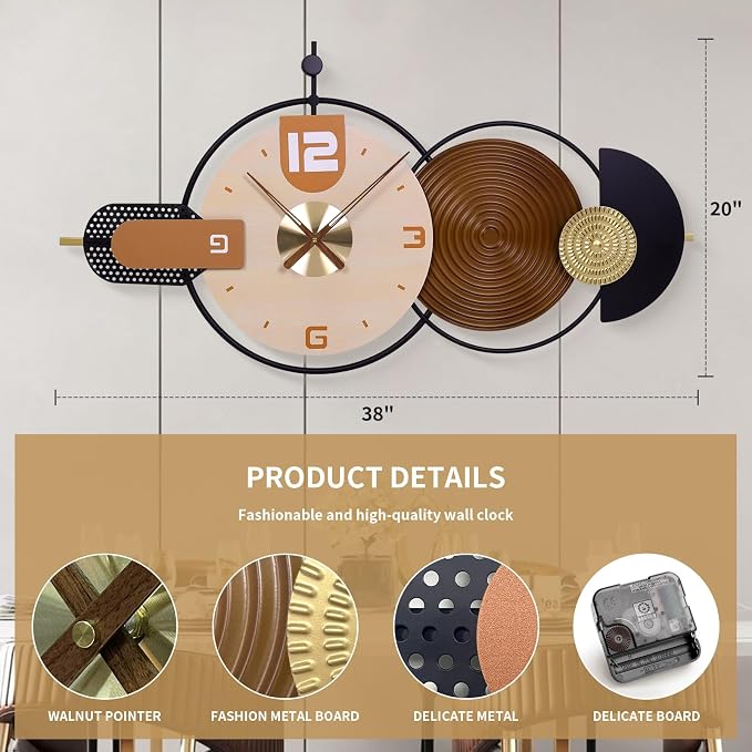 38x20 Inch Large Modern Wall Clock for Living Room - Metal & Wood Combination, Silent Non-Ticking Battery Operated Decorative Clock for Home, Bedroom, Kitchen, Office