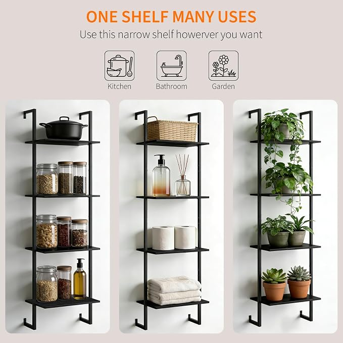 4 Tier Industrial Ladder Bookshelf 15.74" Dx9.44 Wx49.99 H, Wall Mounted Bookcase with Metal Frame for Home Office, Living Room, Study，Black