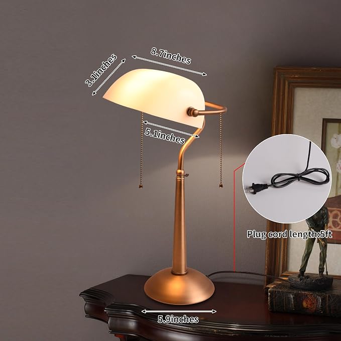 COSYLUX Tall Bankers Lamp, Vintage Sleek Glass Shade Table Lamp with Pull Switch, Antique Bronze Metal Bankers Desk Lamp for Office, Study Room, End Table, Bedside (White)