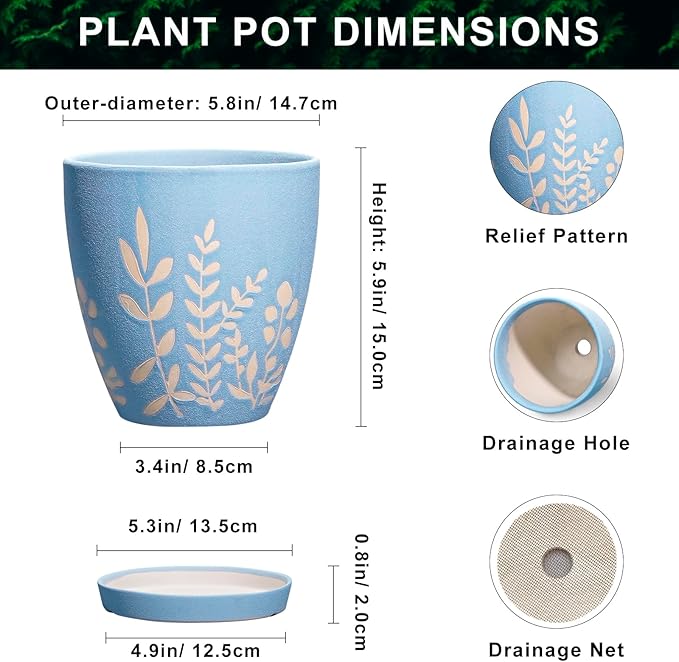6 Inch Ceramic Plant Pot with Saucer - Small Flower Pot with Drainage for Succulents & Herbs, Boho Desk Home Office Room Decor, Plant Lovers Gifts, Blue