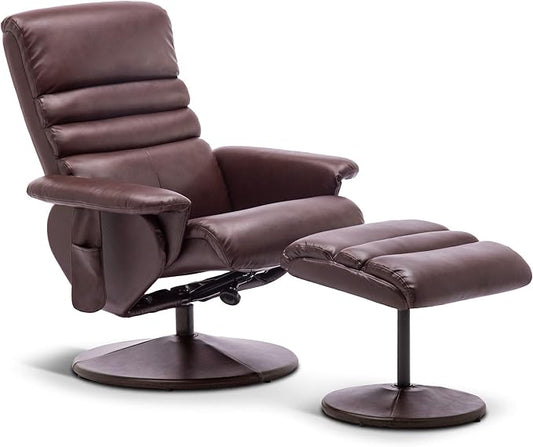 MCombo Recliner with Ottoman, Reclining Chair with Massage, 360 Swivel Living Room Chair Faux Leather, 7902 (Dark Brown)