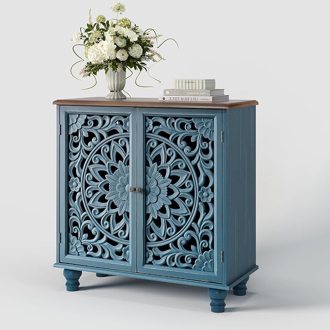 JOINICE Blue Accent Cabinet with Carved Doors, 31" Storage Cabinet for Entryway & Living Room, Vintage Sideboard Buffet Table with Adjustable Shelf, Solid Wood Legs, Boho Home Decor