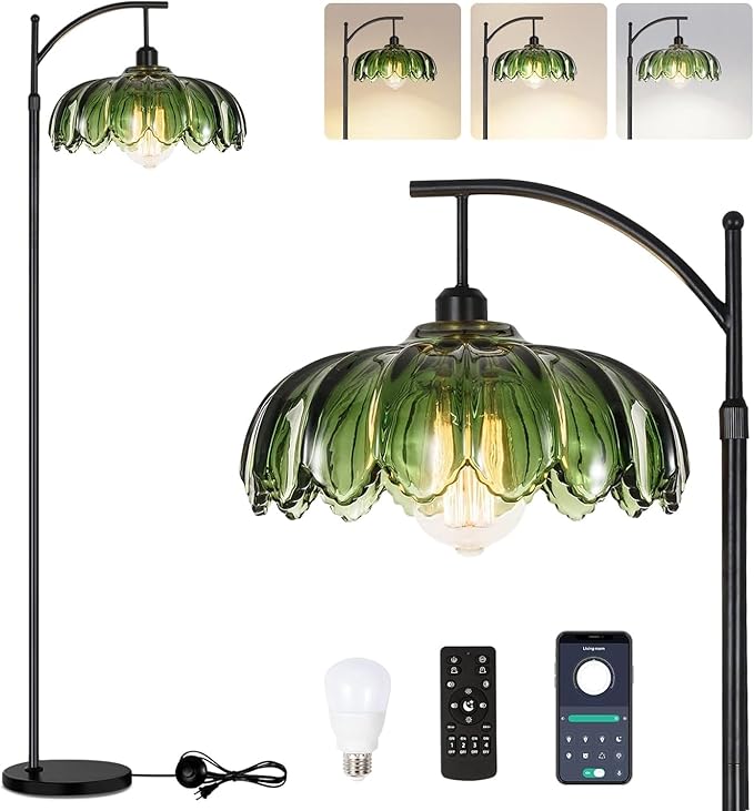 Glass Floor Lamp for Living Room,Bedroom,Mid Century Modern Standing Lamp with Remote,Dimmable Black Tall Lamp Lamp Vintage Retro Arc Floor Lamps Flower Floor Light Boho Bohemian