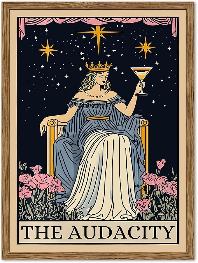 Vintage Girl Tarot Card Wall Art Funny Audacity Feminist Wall Decor Picture Dark Academia Queen Poster Canvas Painting Print for Bedroom Living Room Dorm 12x16 inch Wood Framed