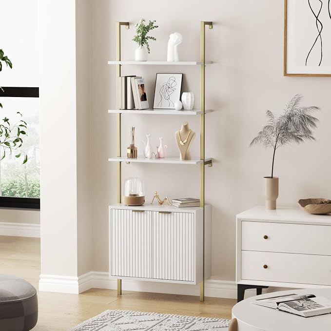 Set of 2 Ladder Bookshelf with Cabinet, 71" Tall Bookcase with Shelves & Storage, Fluted Ladder Shelf with Metal Frame, 6-Tier Display Rack for Living/Bedroom, Home & Office, White & Gold