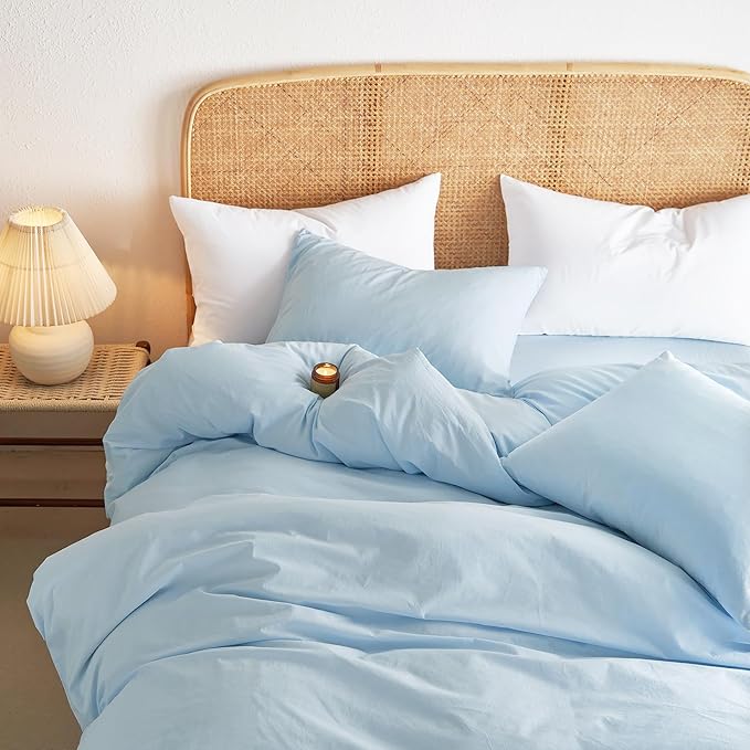 Wake In Cloud - Cotton Duvet Cover Set, 100% Washed Cotton, Linen Like Textured, Breathable Durable Comfy Farmhouse Neutral Bedding Set, 3 Pieces, Sky Blue, Queen Size