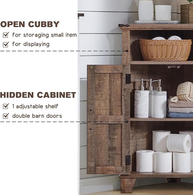 ACCOHOHO Corner Bathroom Cabinet, Farmhouse Small Corner Cabinet with Barn Door & Adjustable Shelf, Storage Cabinets for Bathroom, Kitchen, Living Room, Rustic Brown
