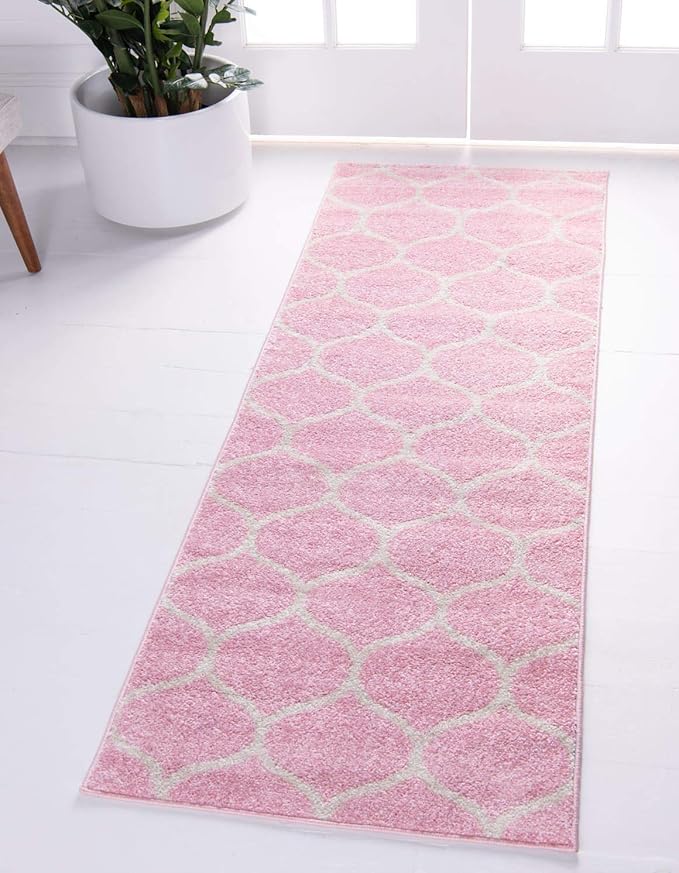 Unique Loom Trellis Frieze Collection Area Rug - Rounded (2' x 8' 8" Runner, Light Pink/ Ivory)