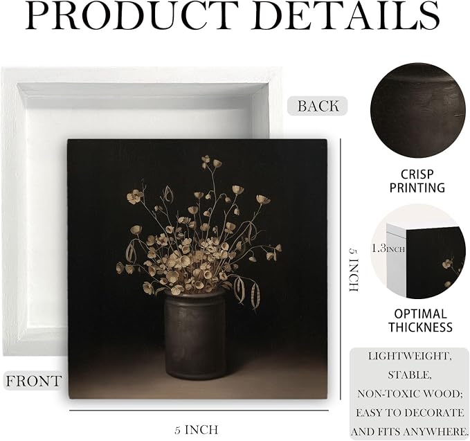 Moody Rustic Floral Wooden Box Sign Desk Decor, Dark Academia Cottagecore Flower Botanical Wood Signs for Home Living Room Office Desk Table Shelf Decorations, 5x5 Inch
