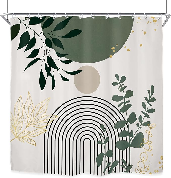 Riyidecor Sage Green Mid Century Modern Shower Curtain for Bathroom Decor 72Wx72H Boho Abstract Gold Leaves Minimalist Geometric Arch Sun Art Printed Fabric Polyester Waterproof 12 Pack Plastic Hooks