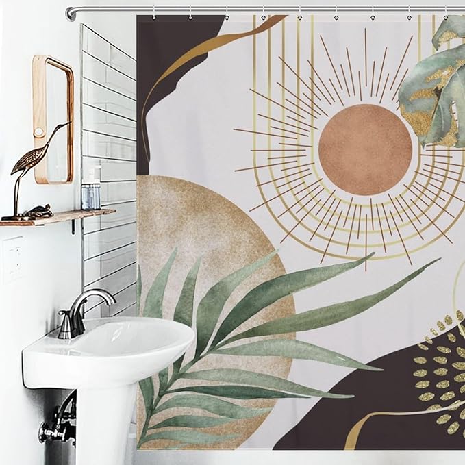 Abstract Mid Century Bathroom Shower Curtain,Modern Plam Leaf Palm Neutral Minimalist Brown Leaves Bathroom Curtain Waterproof Fabric Machine Washable with Hooks,72x72Inch