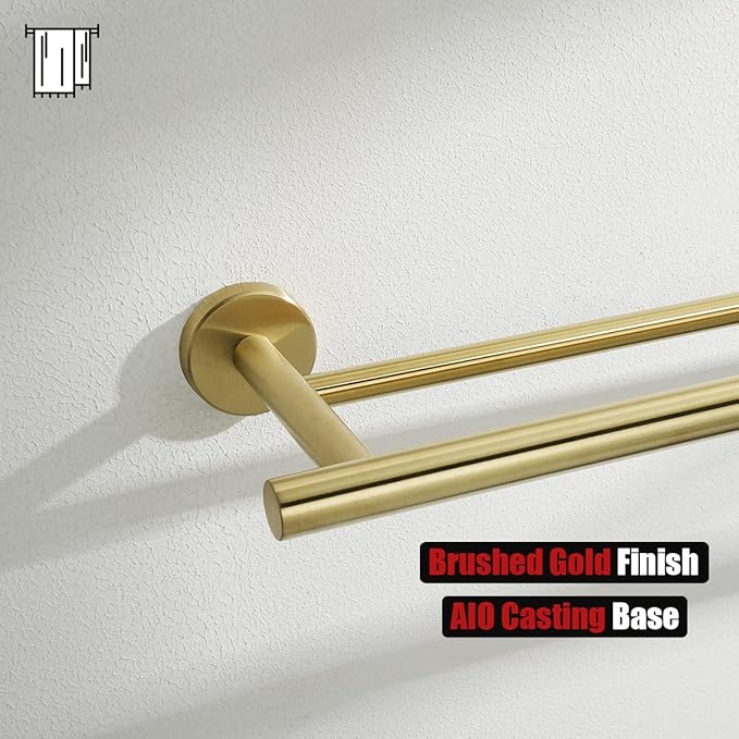 JQK Double Towel Bar Gold, 15 Inch 304 Stainless Steel Thicken 0.8mm Towel Rack Holder for Bathroom Washcloths and Hand Towels, Brushed Gold Wall Mount, Useable Length 12 Inch, TB100L12-BG