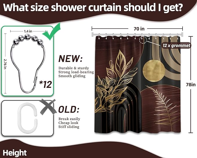 Dark Brown and Black Shower Curtain Boho Mid Century Gold and Brown Shower Curtains for Bathroom Decor, Waterproof Cloth Fabric with Hooks, 70" W x 78" L