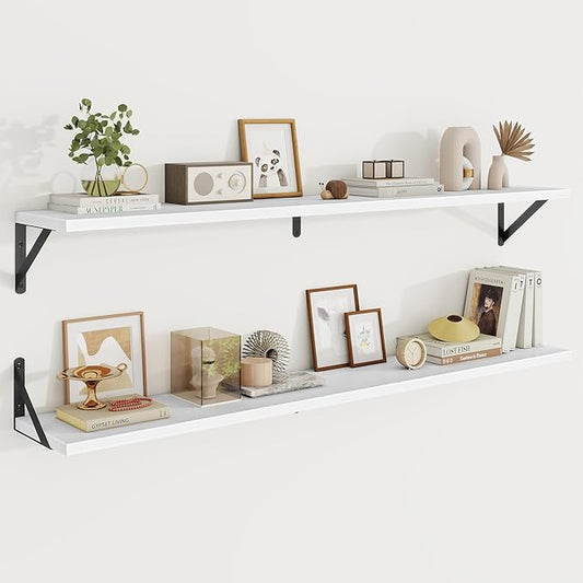 Floating Shelves, 8 Inch Deep Rustic Wood Wall Storage, 48W x 8D Wall Shelves Set of 2, Heavy Duty Metal Brackets, Industrial Book Shelf for Living Room, Kitchen, Bathroom, Bedroom, White