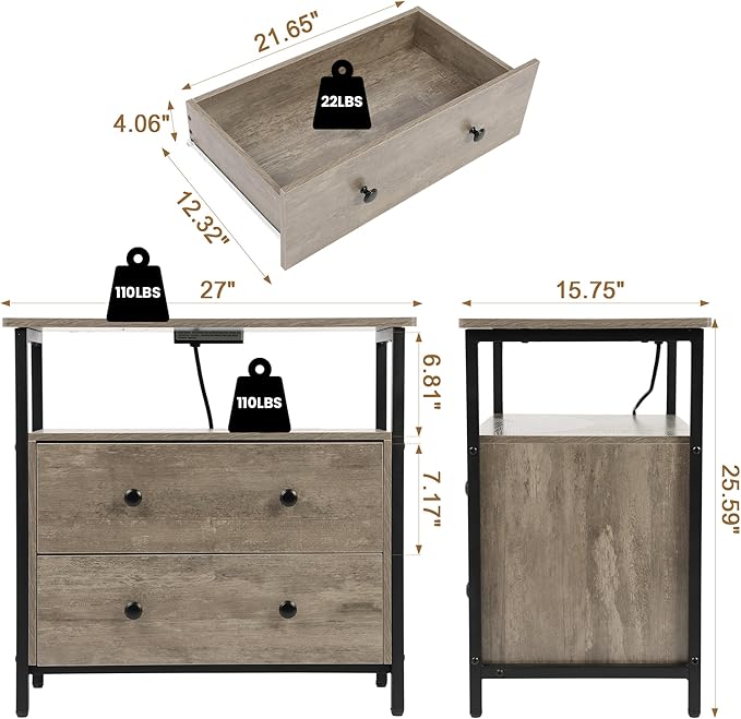 27 inch Wide Night Stand with Charging Station, Bedside Table with Open Shelf, 2 Drawers Small Wood Dresser, Modern Wood Nightstand for Bedroom/Living Room (Rustic Gray)