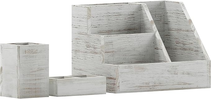 Merrick Lane Ceely 3 Wood Organizer Set - Whitewashed Solid Pine Wood - For Desktop, Table Top, or Vanity