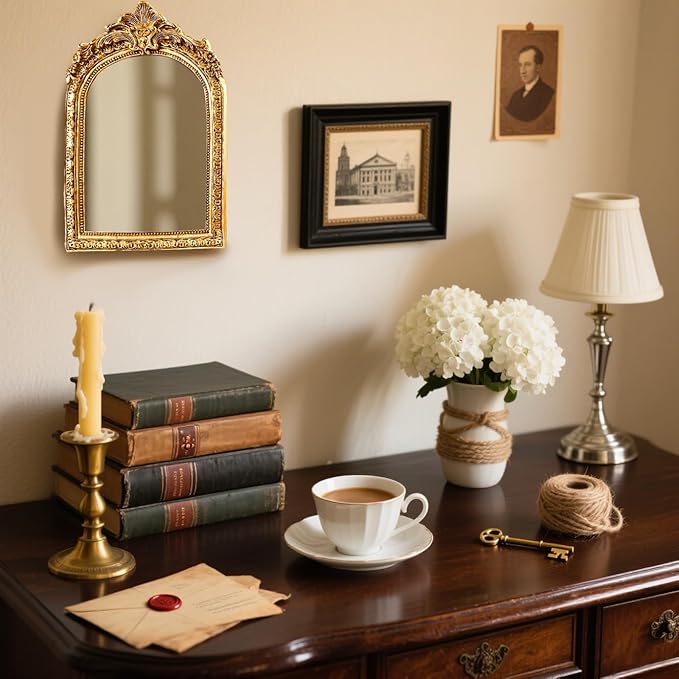 YUSONG Vintage Desk Mirror – 8" Gold Antique Tabletop Mirror with Resin Frame, Decorative Wall Art for Living Room Bedroom Vanity Desk Decor, Birthday Gift