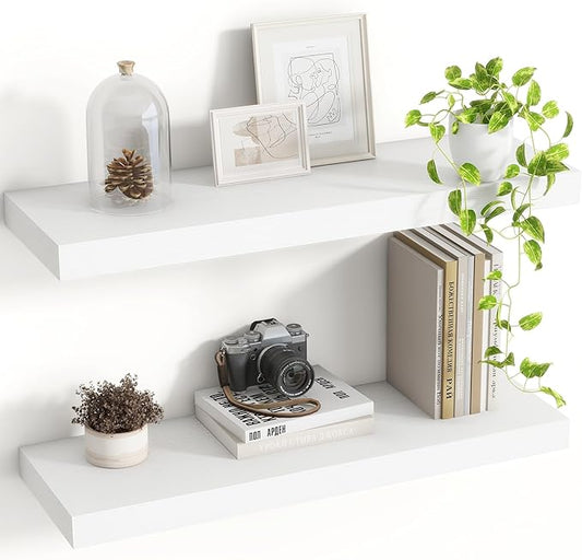 24 Inch Floating Shelves, 8 Inch Deep Floating Shelves for Wall, Hanging Shelf with Invisible Brackets, Deep Shelves for Bathroom, Bedroom, Living Room, White, Set of 2